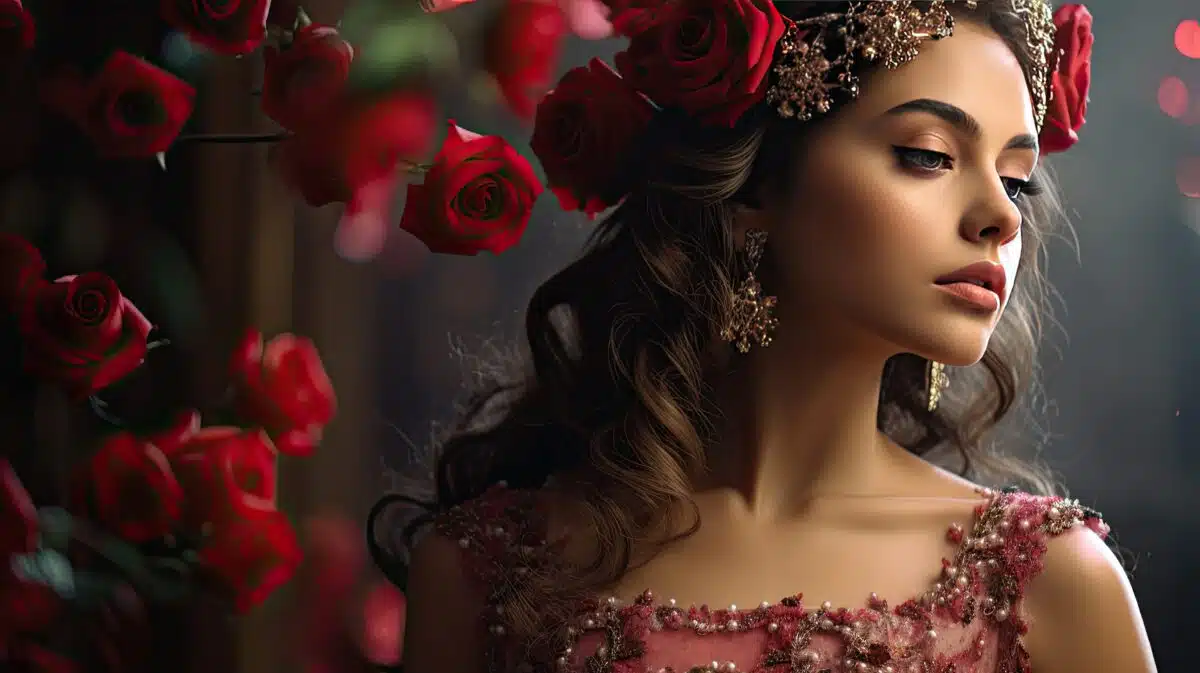 a lovely woman adorned with a crown of roses, emphasizing her graceful neck and collarbone