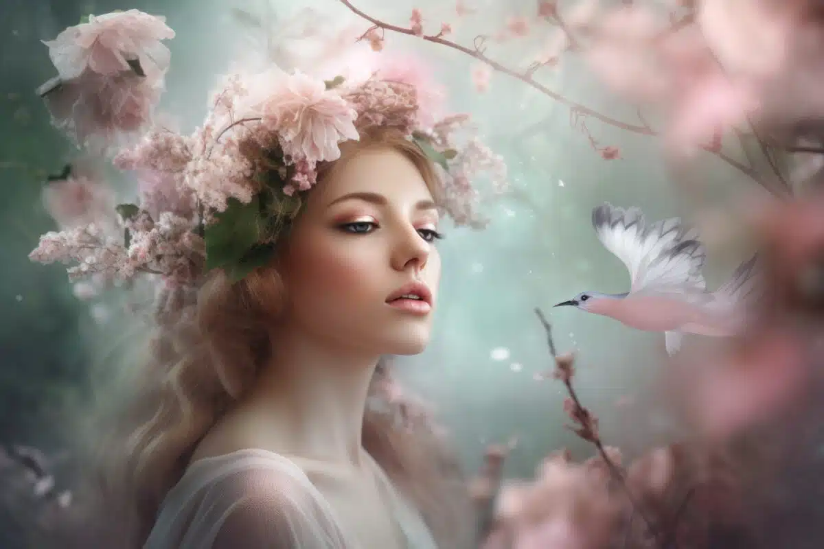 a woman with ethereal beauty amid pink blossoms
