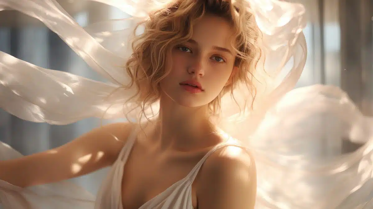 an ethereal woman in a fluttering white dress in a dreamy background