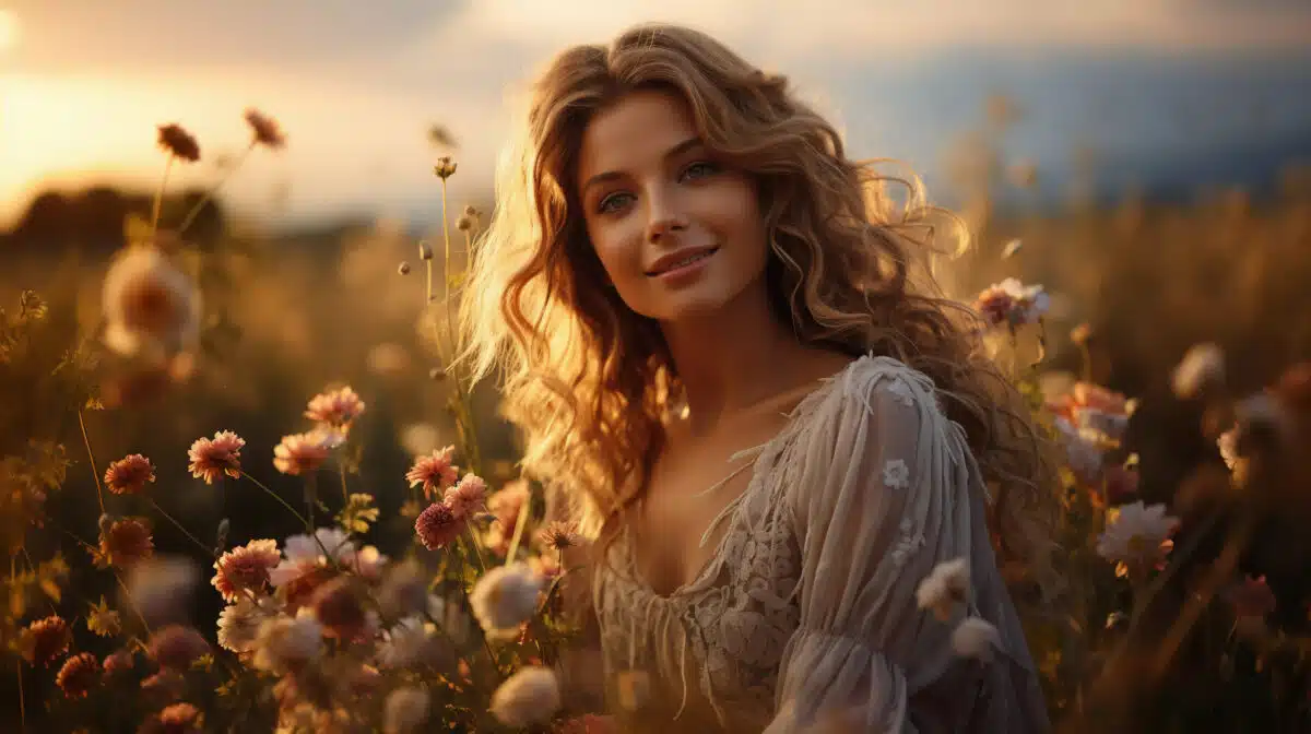 a beautiful girl with a smile on her face, dressed in light summer clothes, sits among wild flowers at sunset.