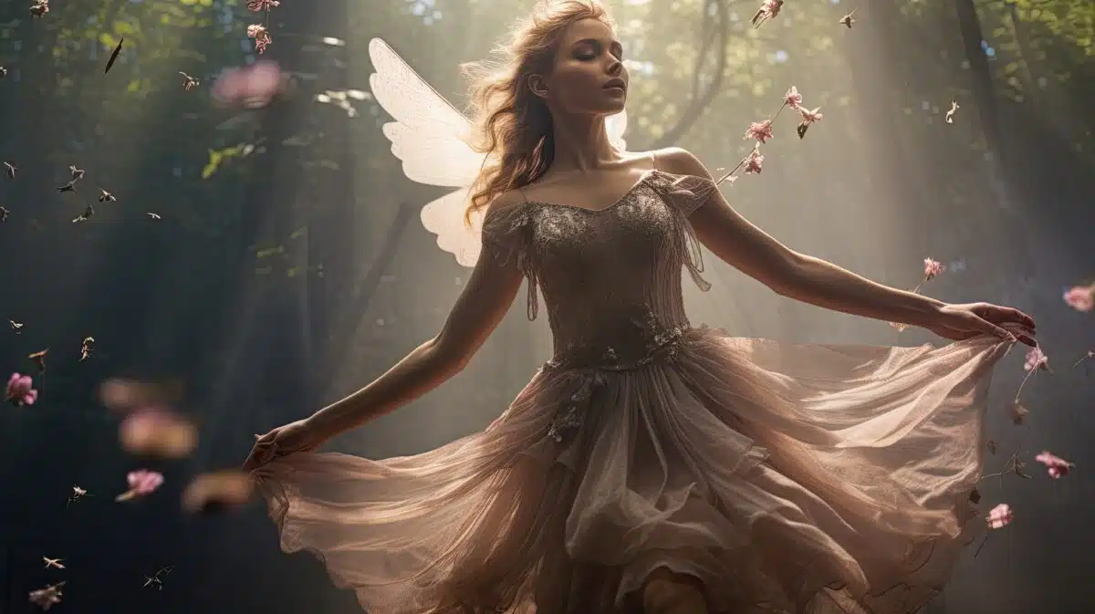 a dancing fairy in the dark forest