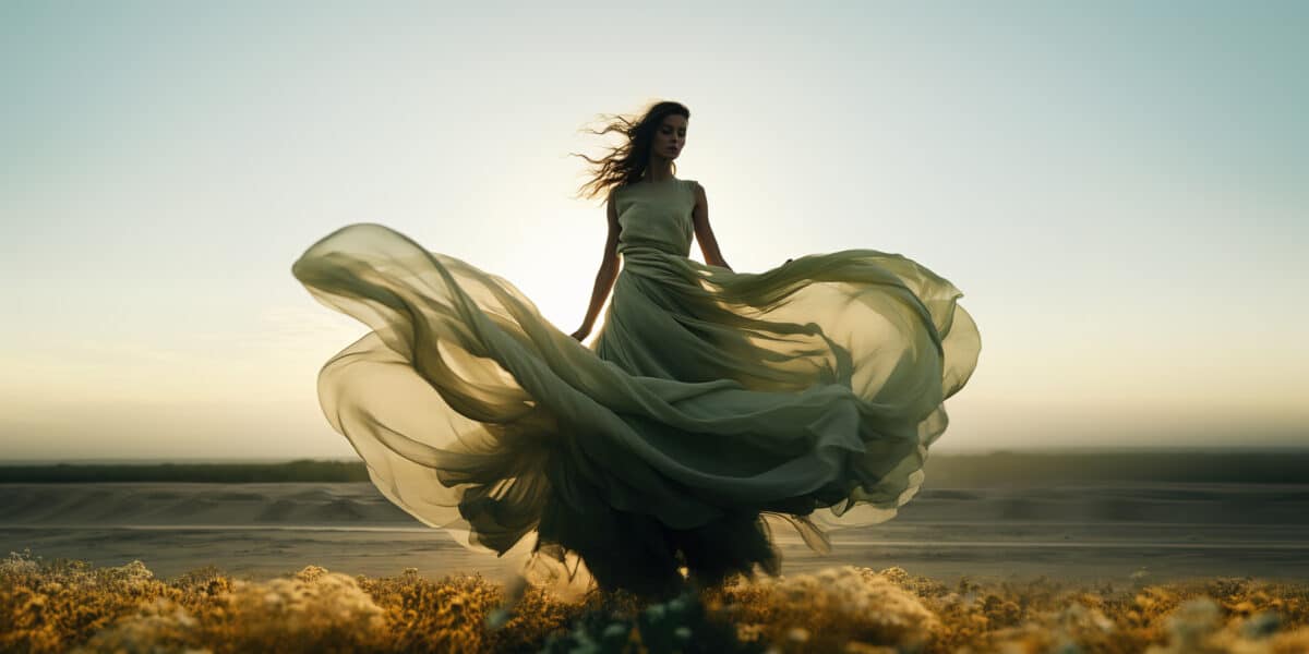 a stunning woman in a green fluttering dress walking in green field
