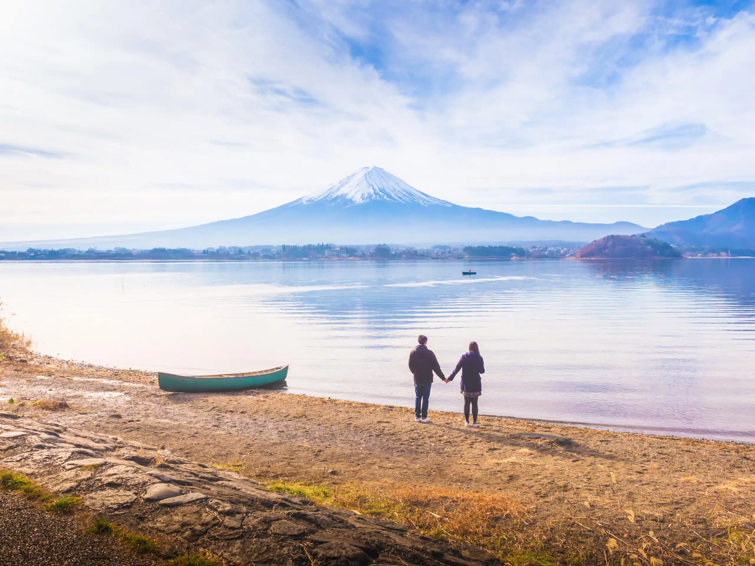 young couple standing by the lake with full view of the fuji mountain
