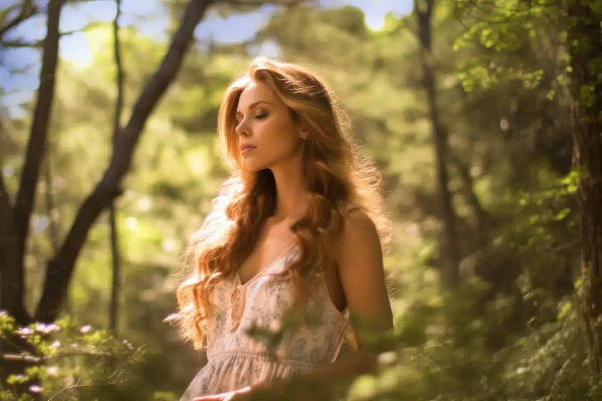 an enchanting lady in a dreamy fairytale forest