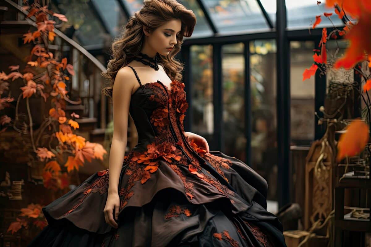 Gorgeous fictional woman dressed in a long black princess dress for Halloween.