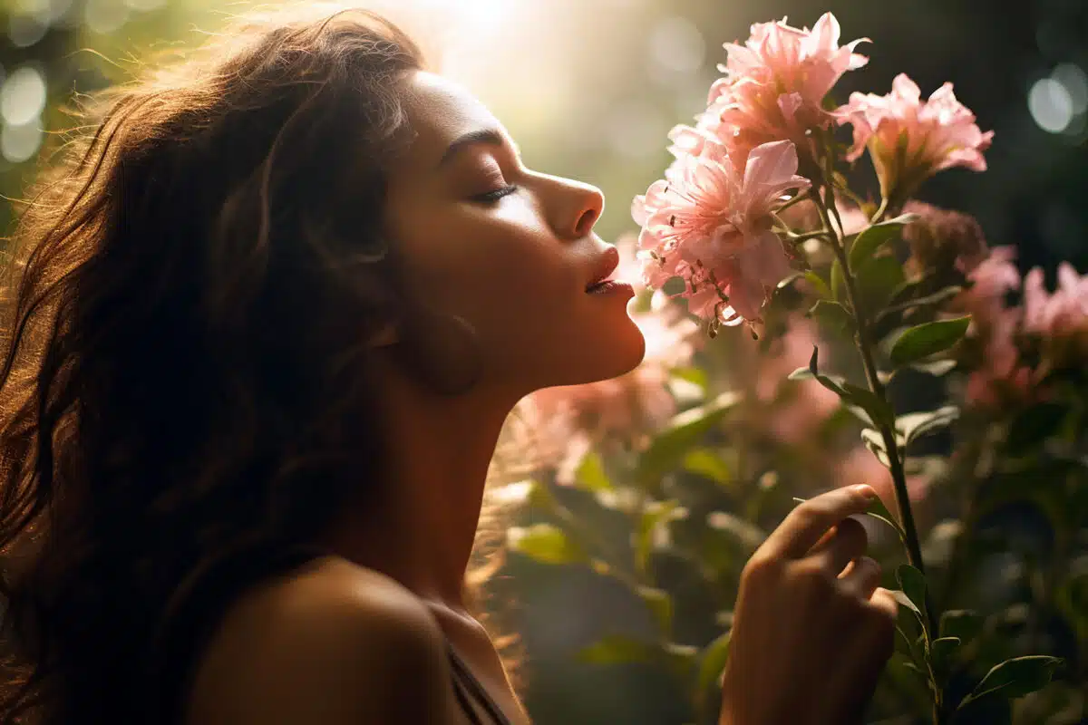 a beautiful and sensual woman smelling some flowers in summer outdoor