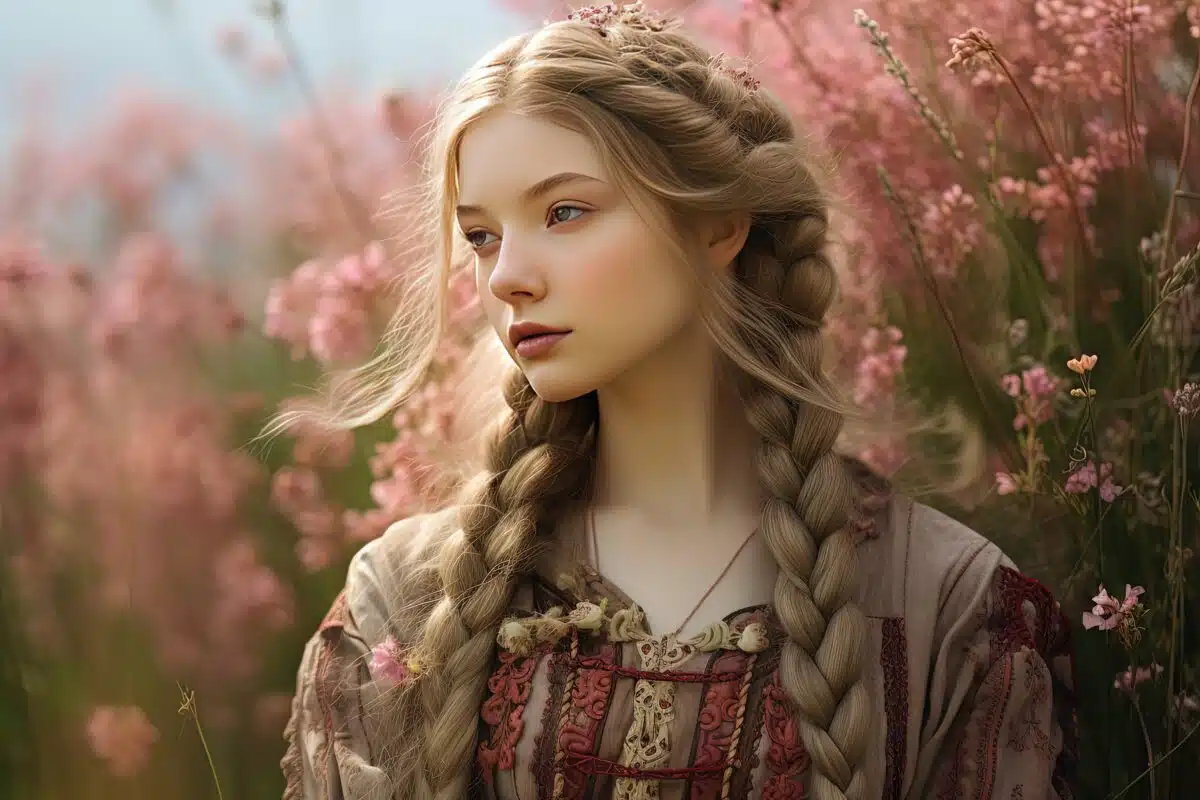 soft light portrait pretty woman in medieval outfit walking in floewer meadow, Generative Ai