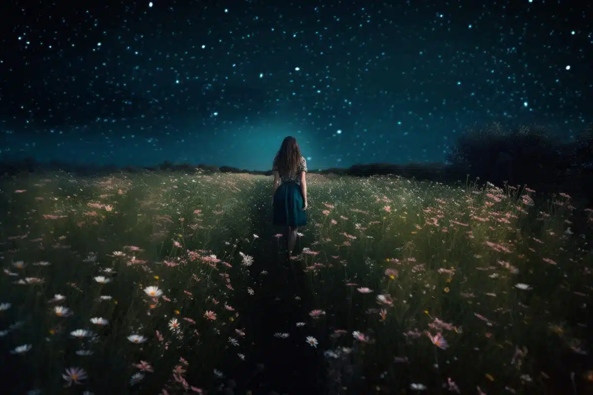 a young woman looking at cosmos flower field at night with stars in the sky