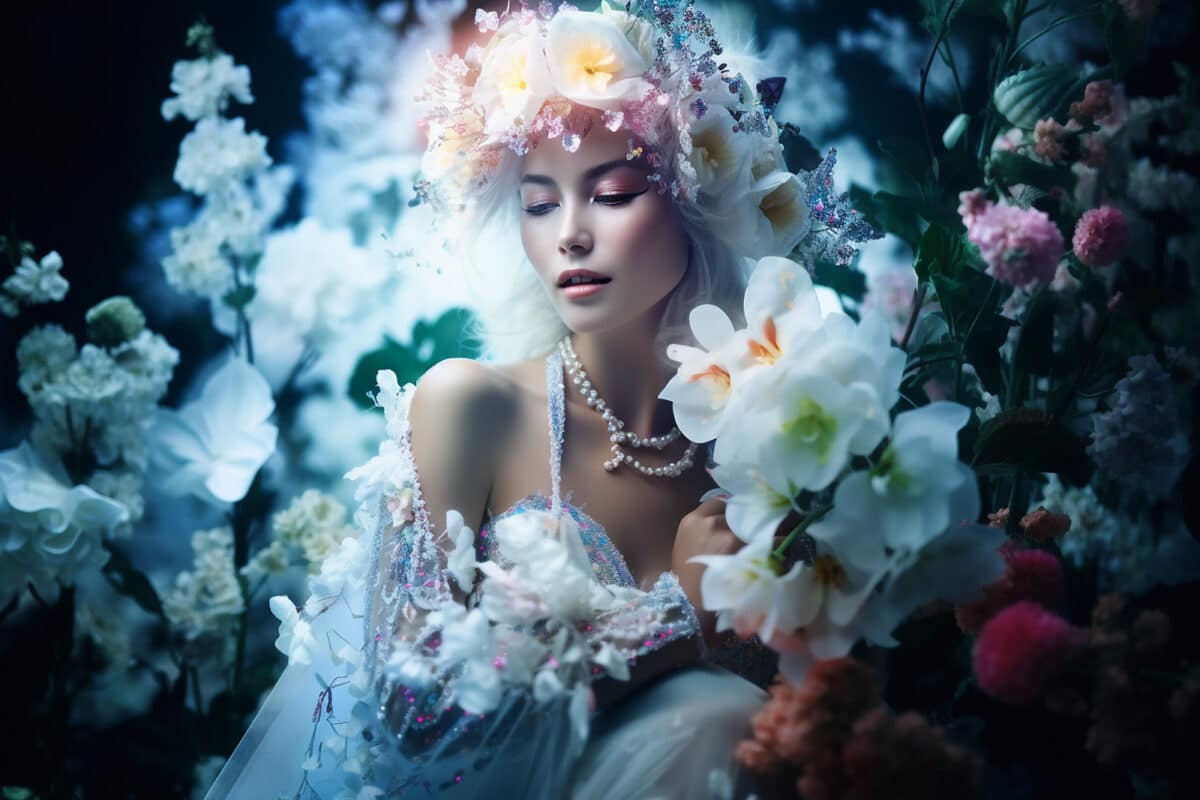 enchanting flower fairy in white fantasy garden