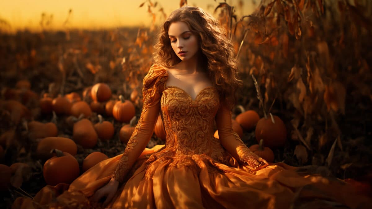 Schönes Model mit festlichen Abendkleid mit Kürbis und Herbstblätter in der Abendsonne, ai generativ