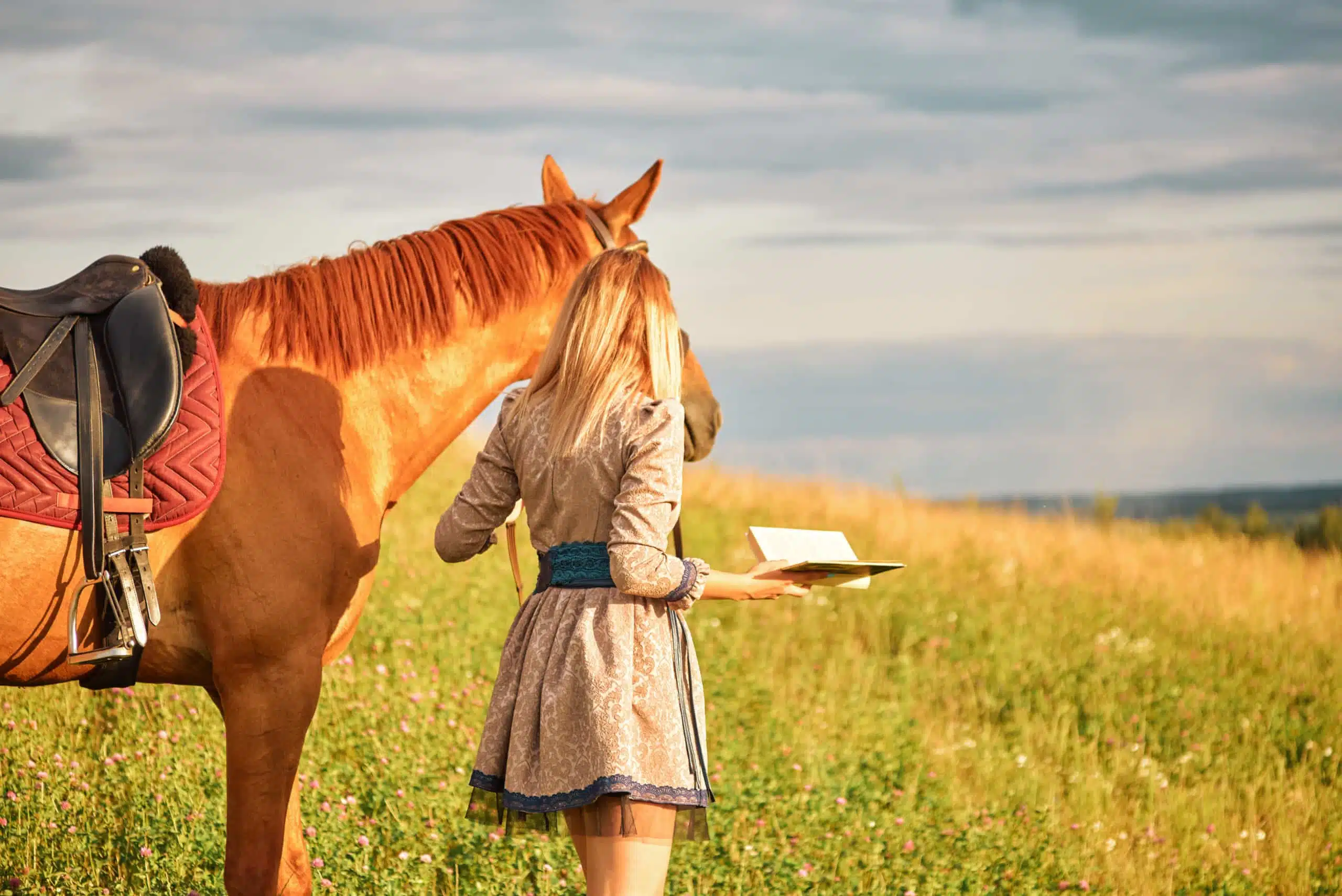 horse and girl with book in the field. woman walking with horse