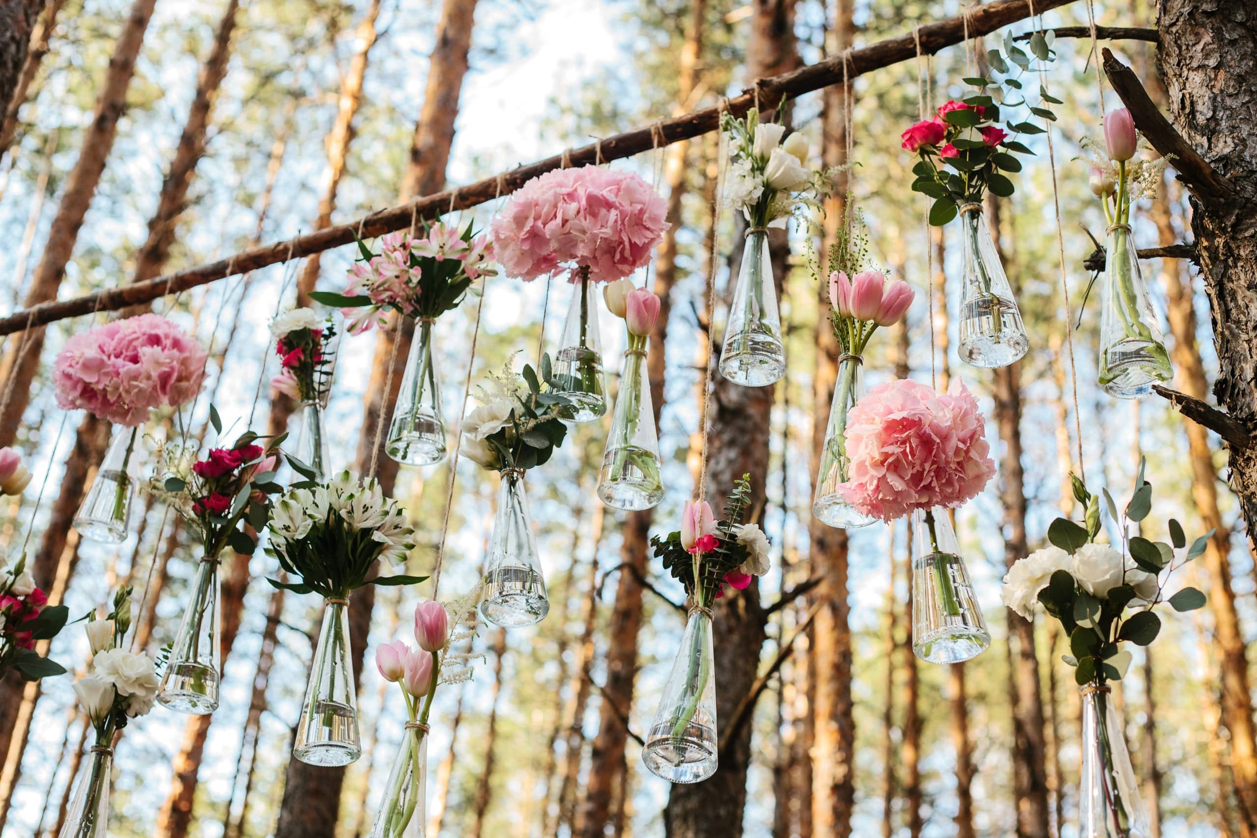Beautiful boho style hanging wedding flowers outdoor
