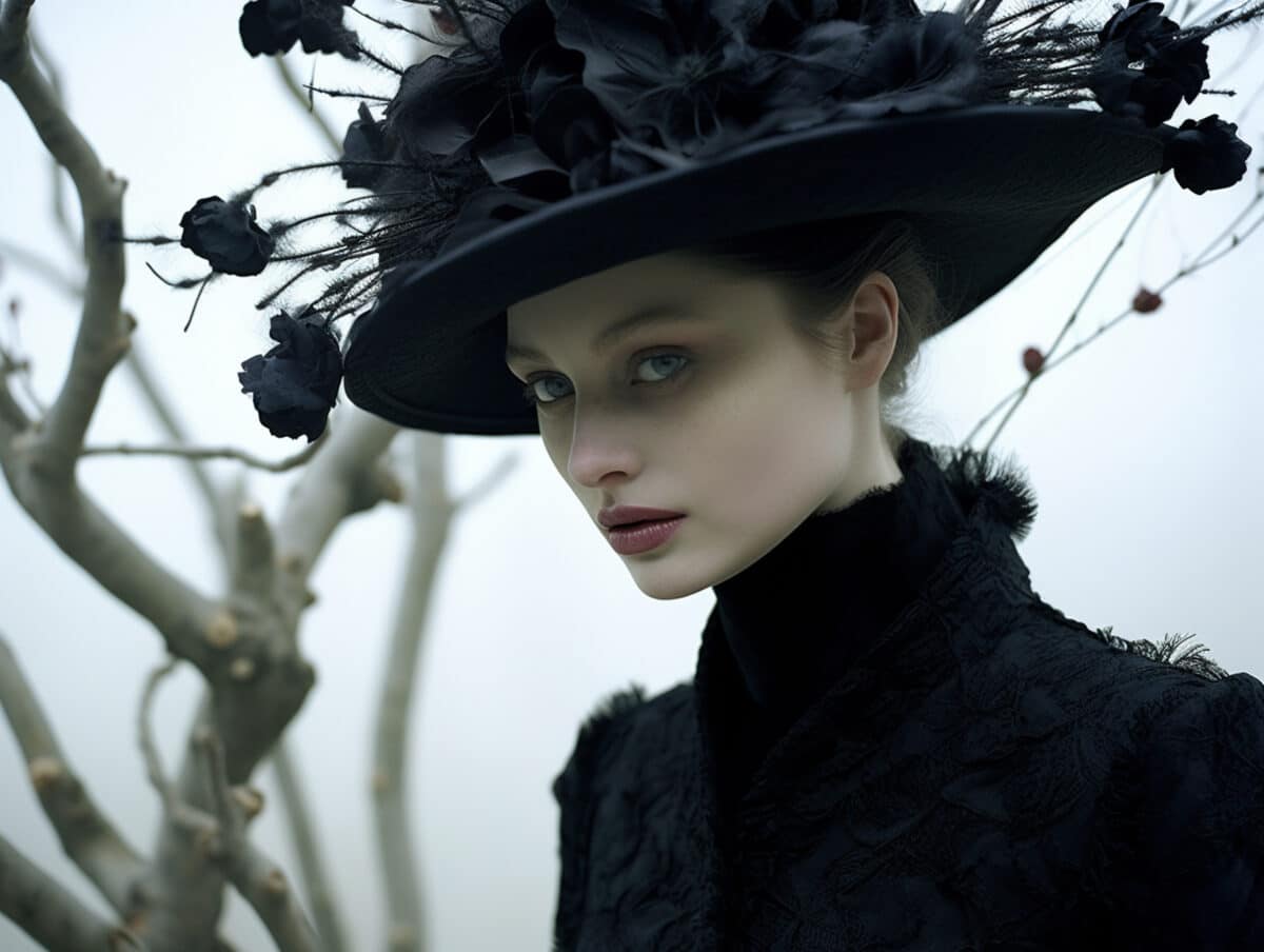 a beautiful gothic woman in vintage black dress and hat