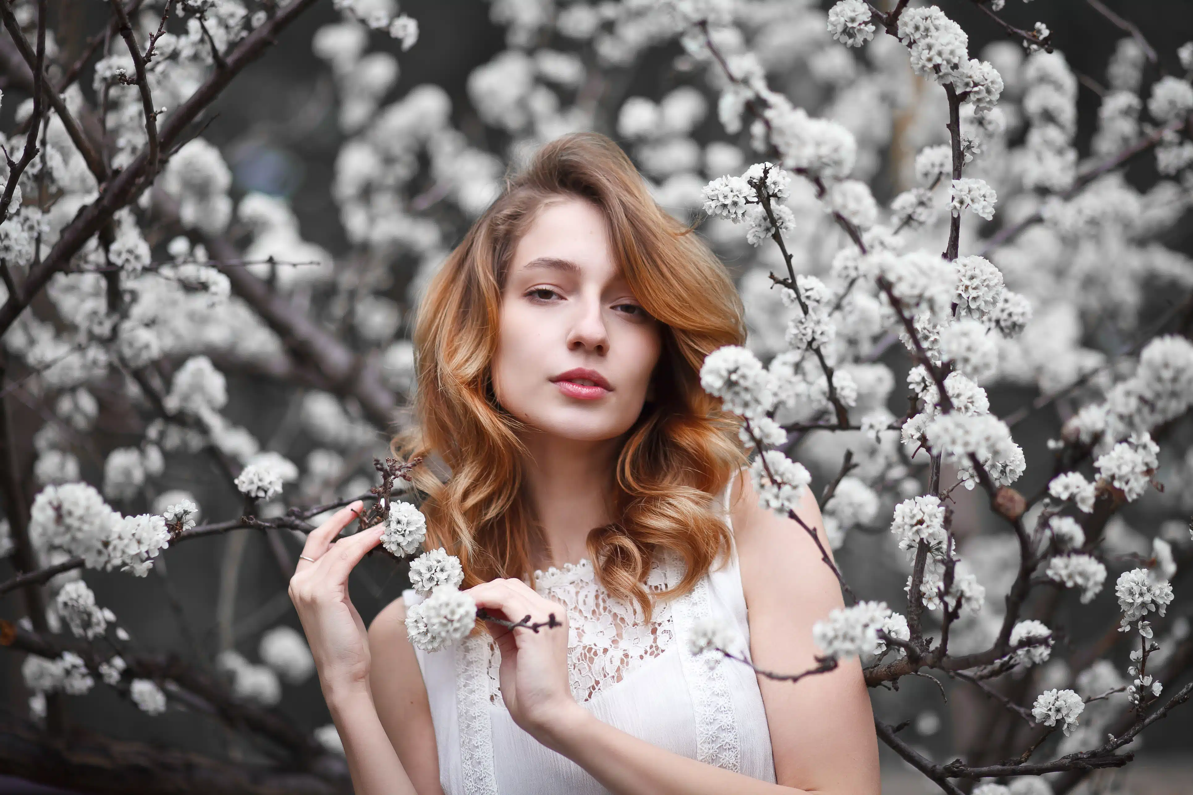 beautiful girl in a white dress walks in the garden, sakura blooms