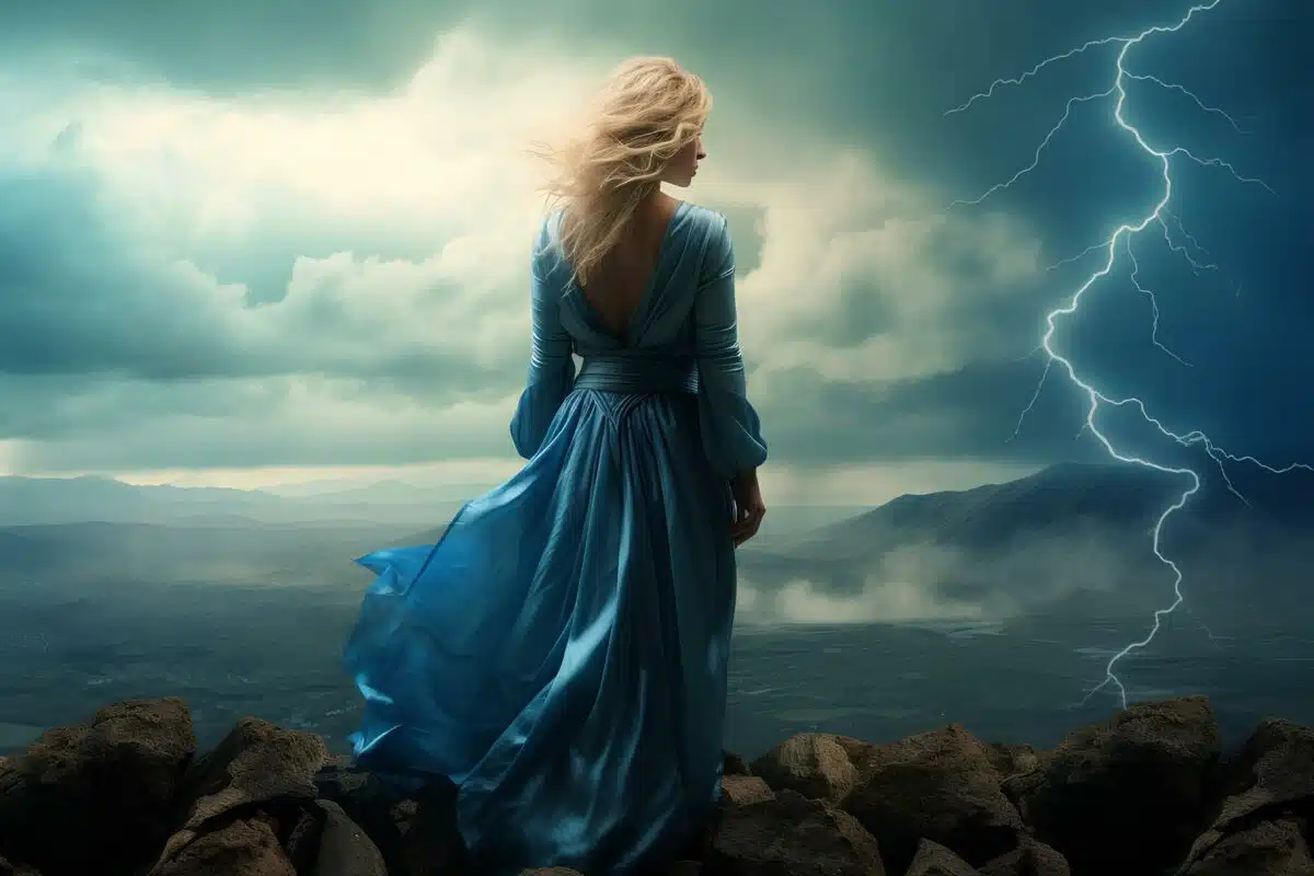 a lady in a blue dress standing at the edge of a rocky mountain on a stormy evening with lightning