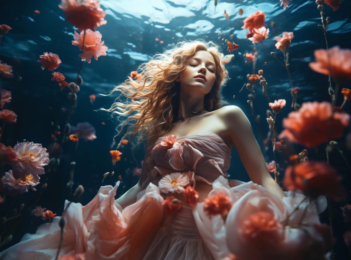 a water nymph surrounded with lovely flowers underwater