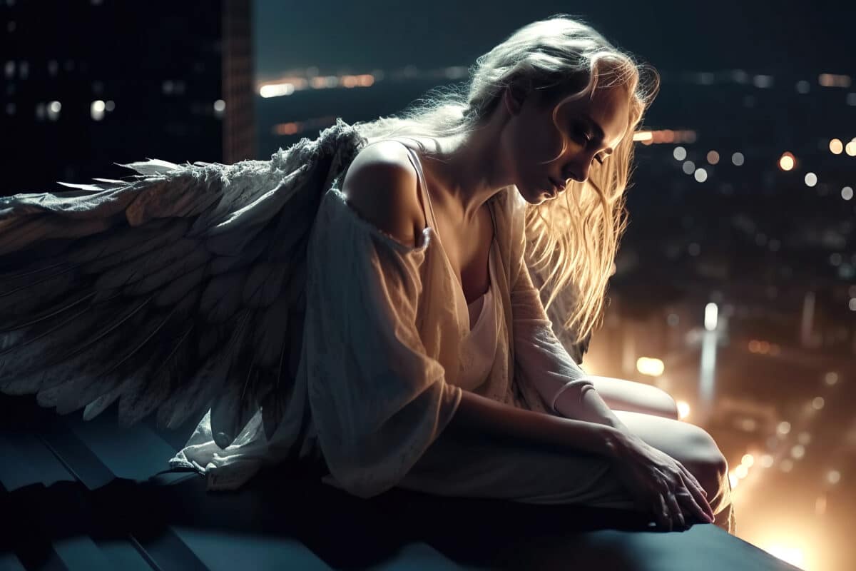 a female blonde angel on roof of skyscraper in city at night