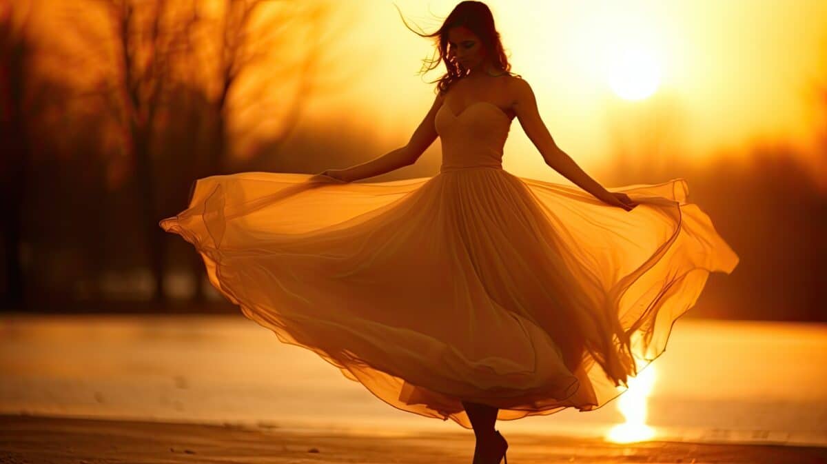 a beautiful ballerina outdoor at sunset