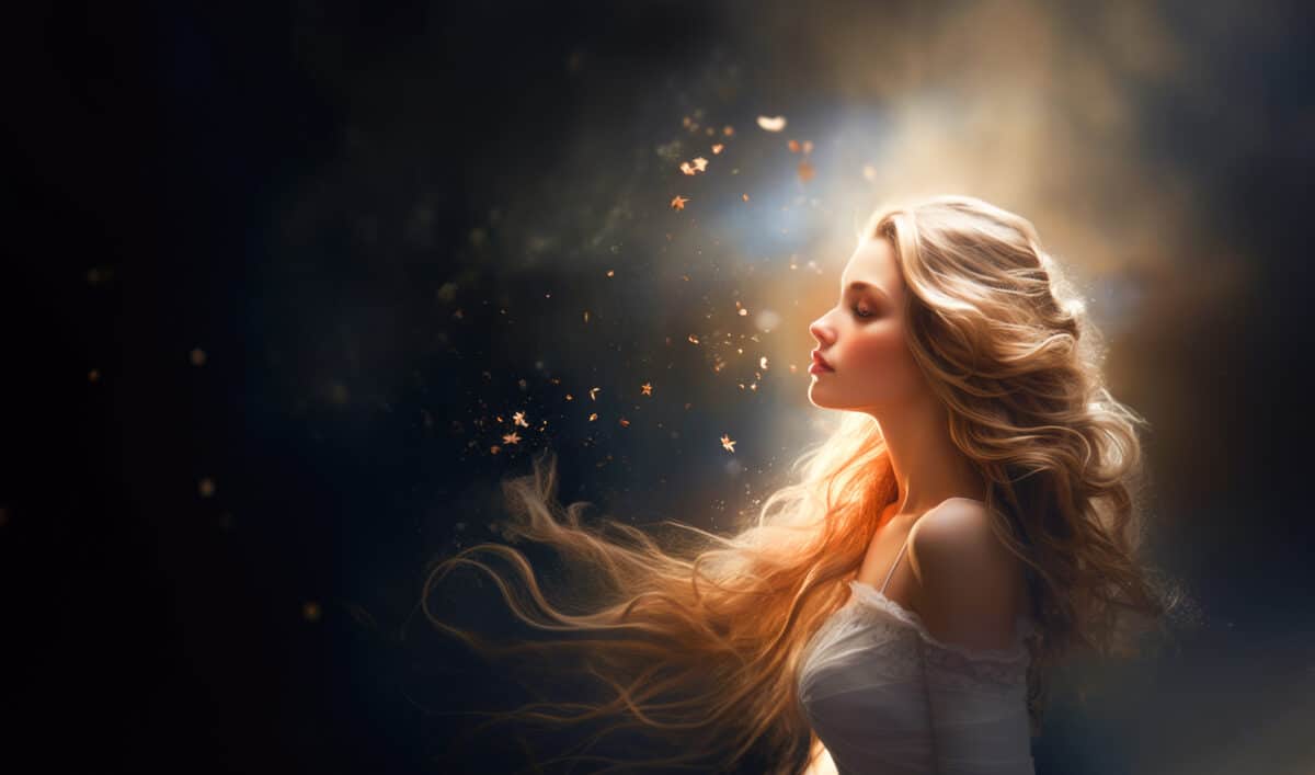 a magical woman with a golden hair in white dress seems to be floating in vast dark space