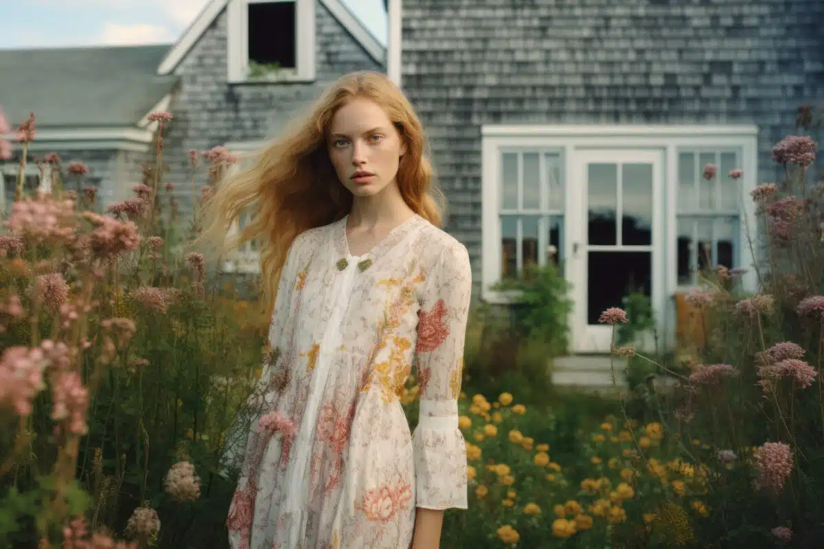 a red haired woman in autumn floral dress stands in front of a cottage