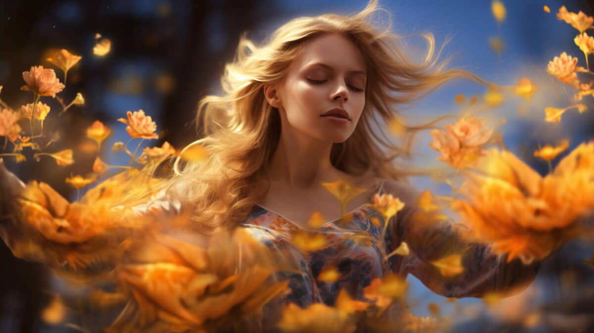 a blonde nymph surrounded with floating orange flowers