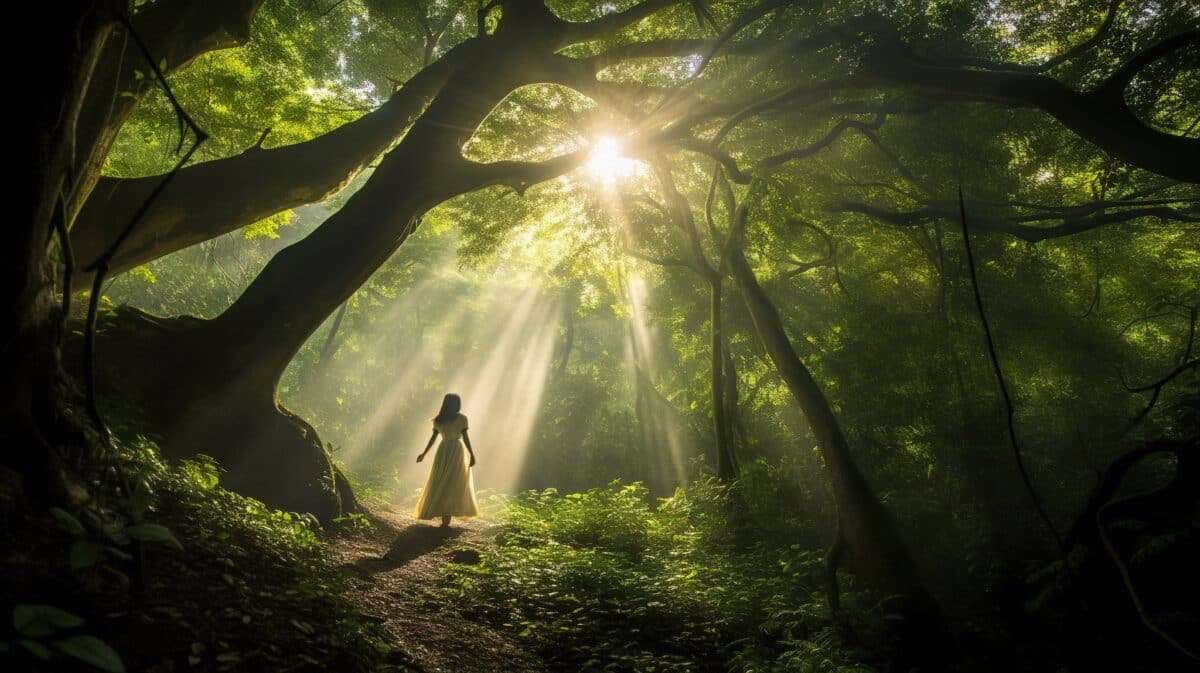 a woman in a white dress is walking through a forest with sun rays piercing through the canopy of trees