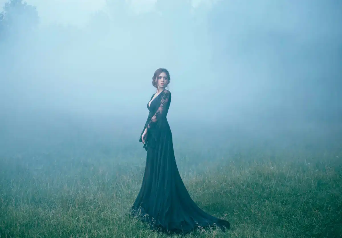 a girl in a black long dress walking along ia a clearing in thick fog. scared, beautiful, witch ia going to the forest, looking for a house. art photo. halloween costume. model. dark. mystic. evil.