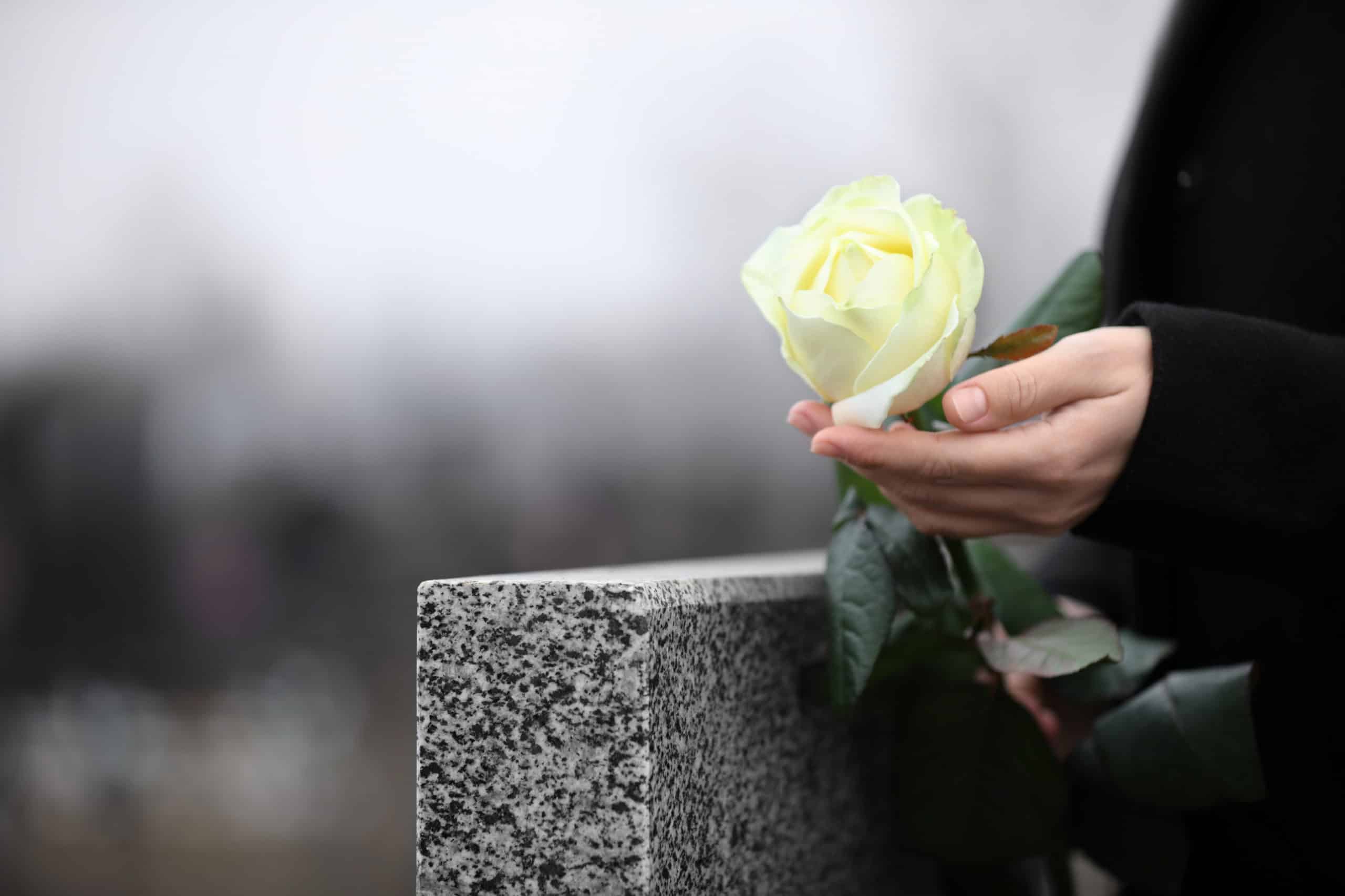 Woman holding white rose near grey granite tombstone outdoors