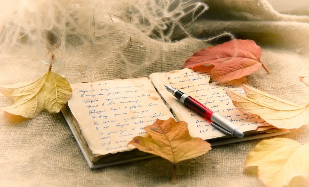 An open vintage notebook with poetic verses and autumn leaves, pen on top.