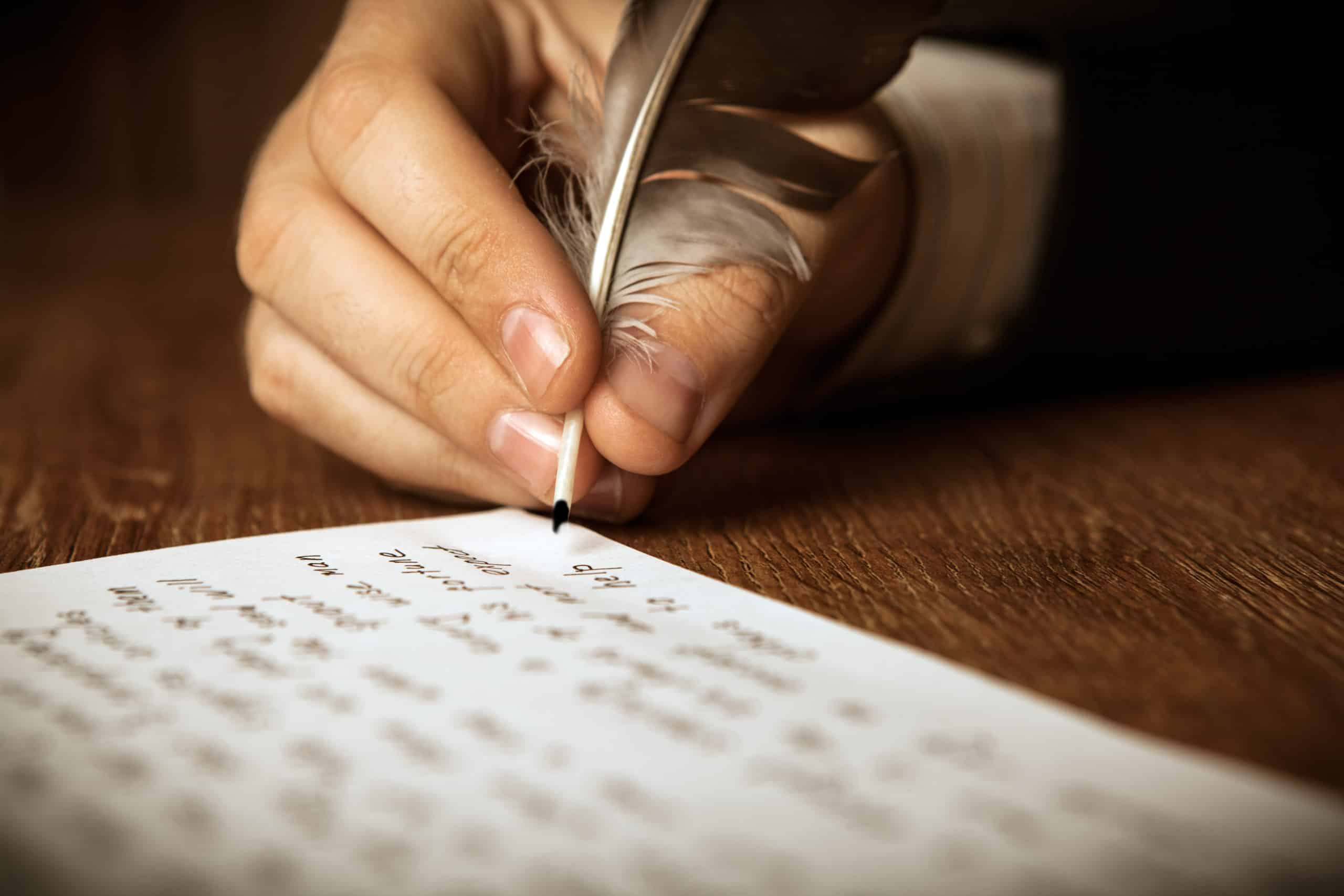 poet writes with a fountain pen.