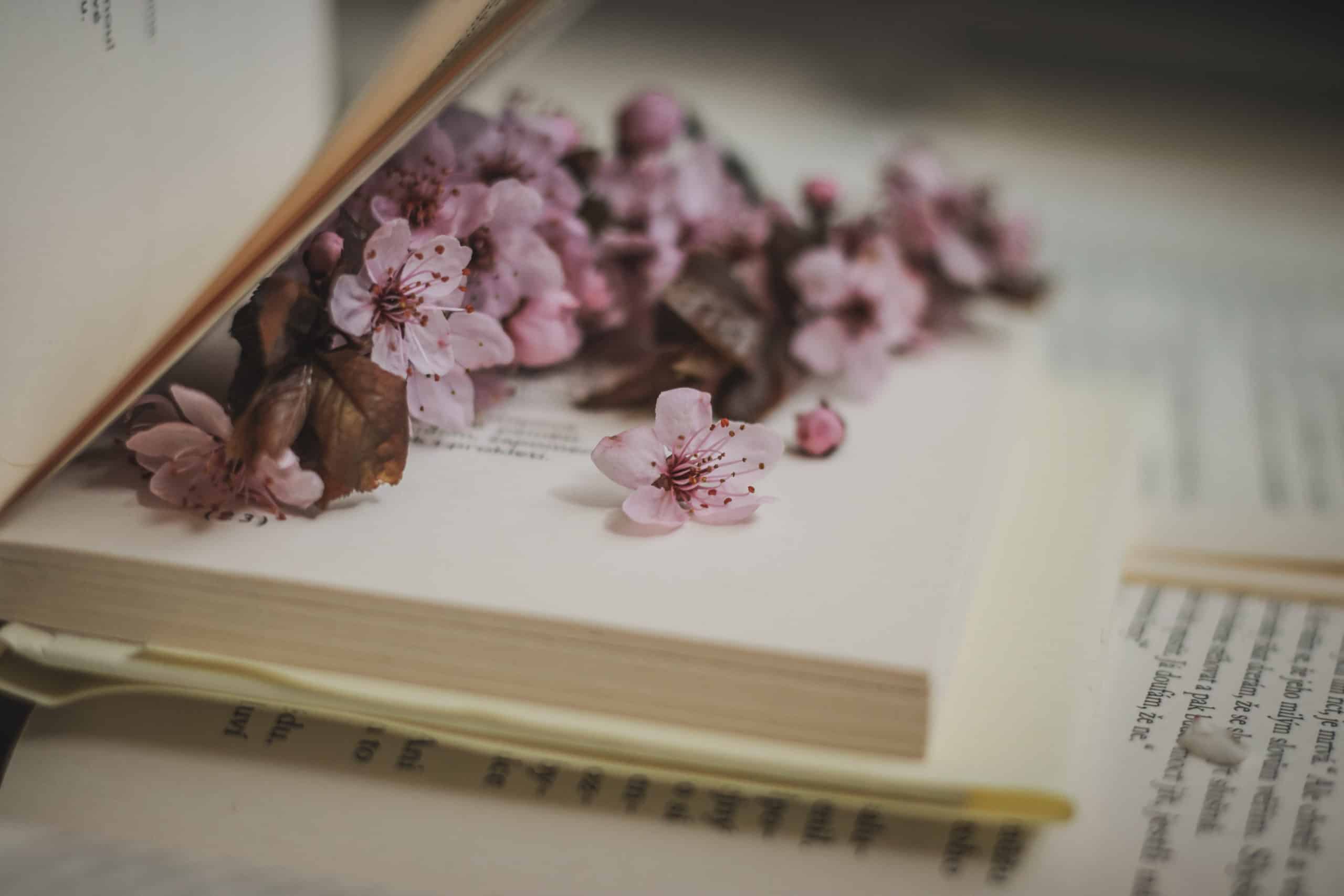 Open poetry book and flowers
