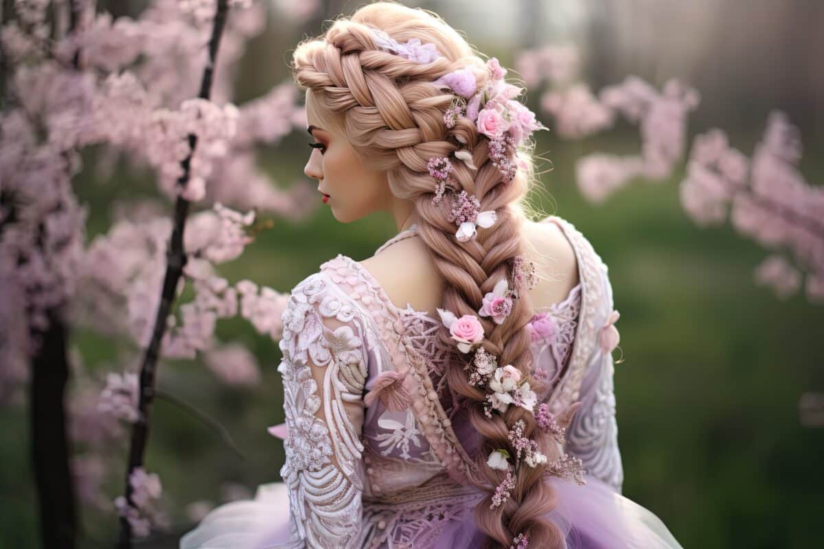 a beautiful woman in a pink dress walking in pink fairy flower garden