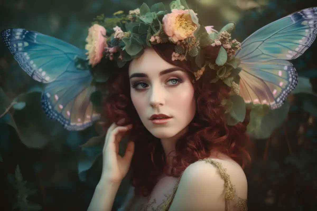 an enchanting garden nymph with floral head wreath, ethereal gaze, and delicate wings in a dreamy garden 
