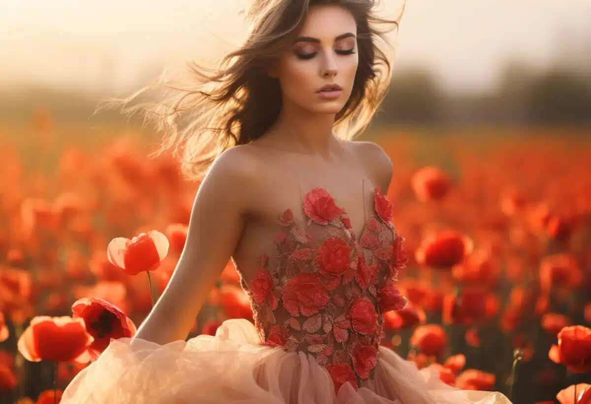 a stunning lady in a sensual floral dress amidst a poppy field