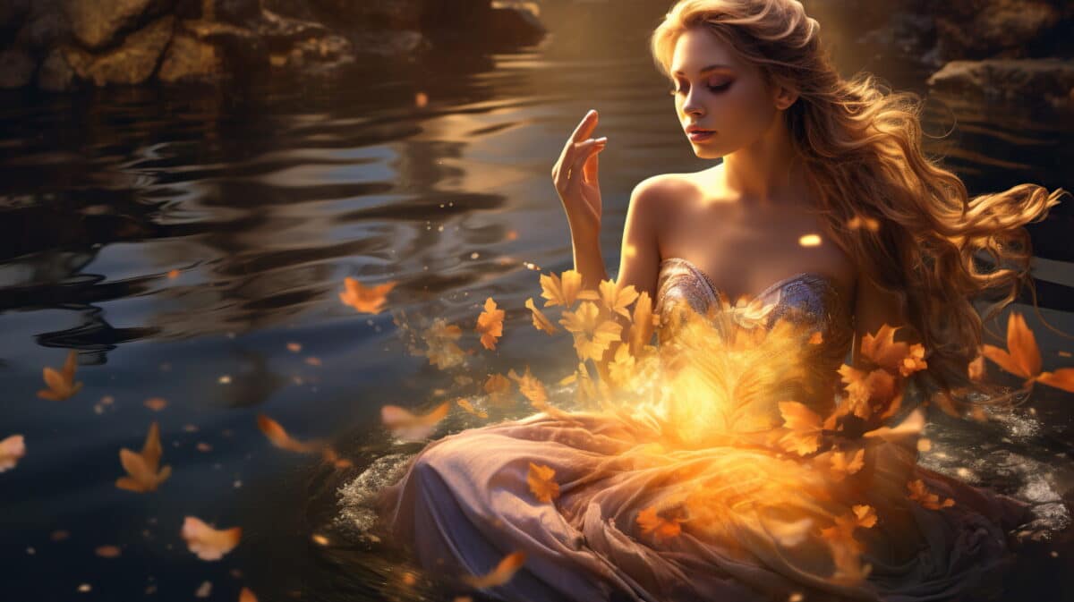 a girl embodying the elements earth, air, fire, and water sitting on the water