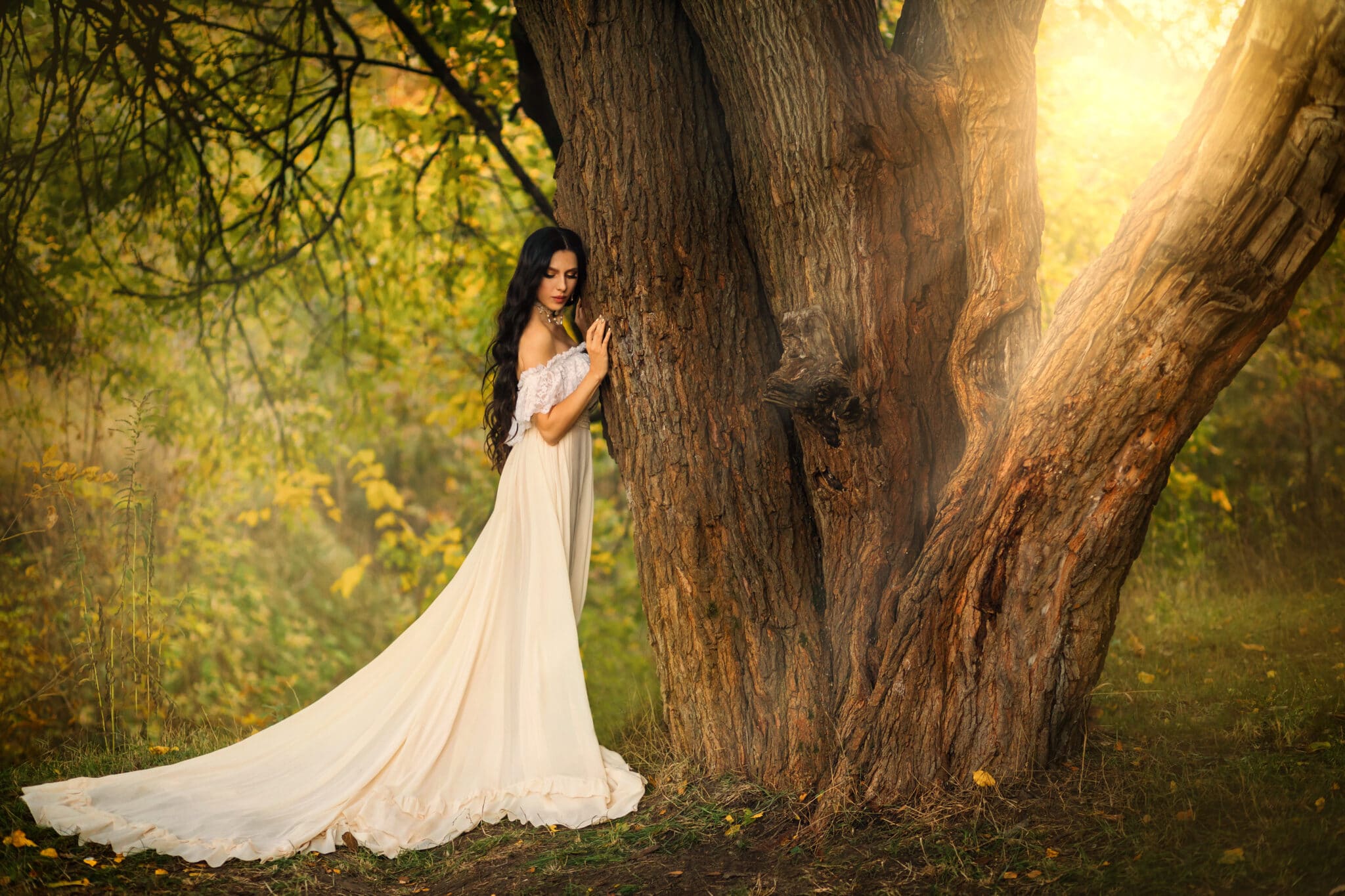 a fantasy woman in white vintage dress, walking in summer forest hand touching tree