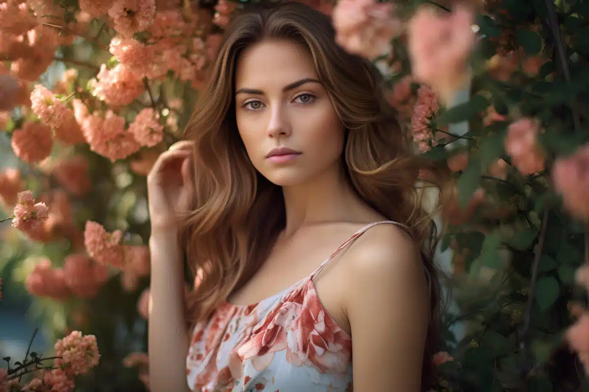 a melancholic brunette woman outdoor in elegant dress in a blooming garden 
