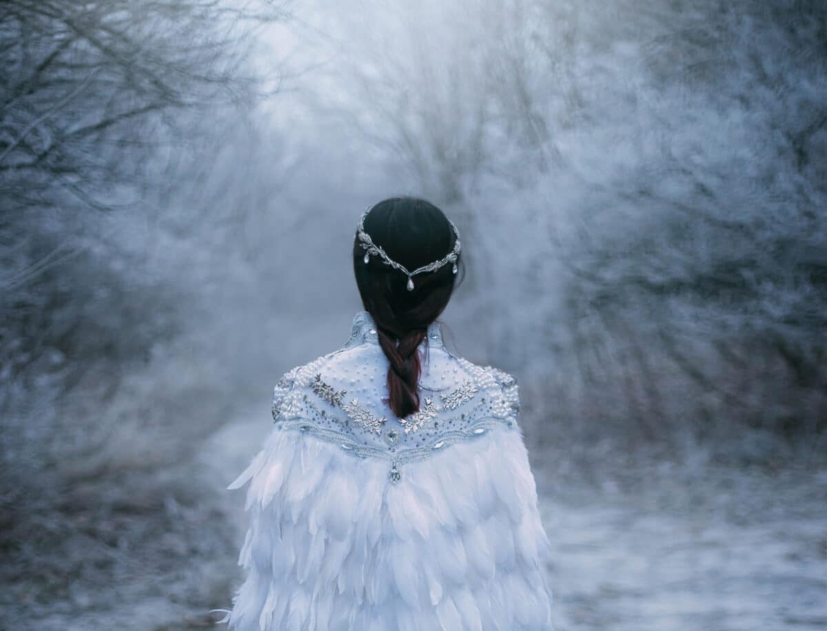 Portrait girl with black hair in winter forest. Hairstyle is decorated bright shiny tiara. Princess turned away in white creative carnival cloak Snow Queen with bird feathers . Backdrop frozen nature