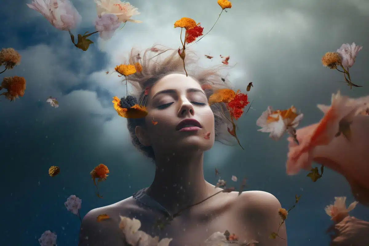 an enchanting woman dreaming in a mysterious scene surrounded by petal flowers floating in the air