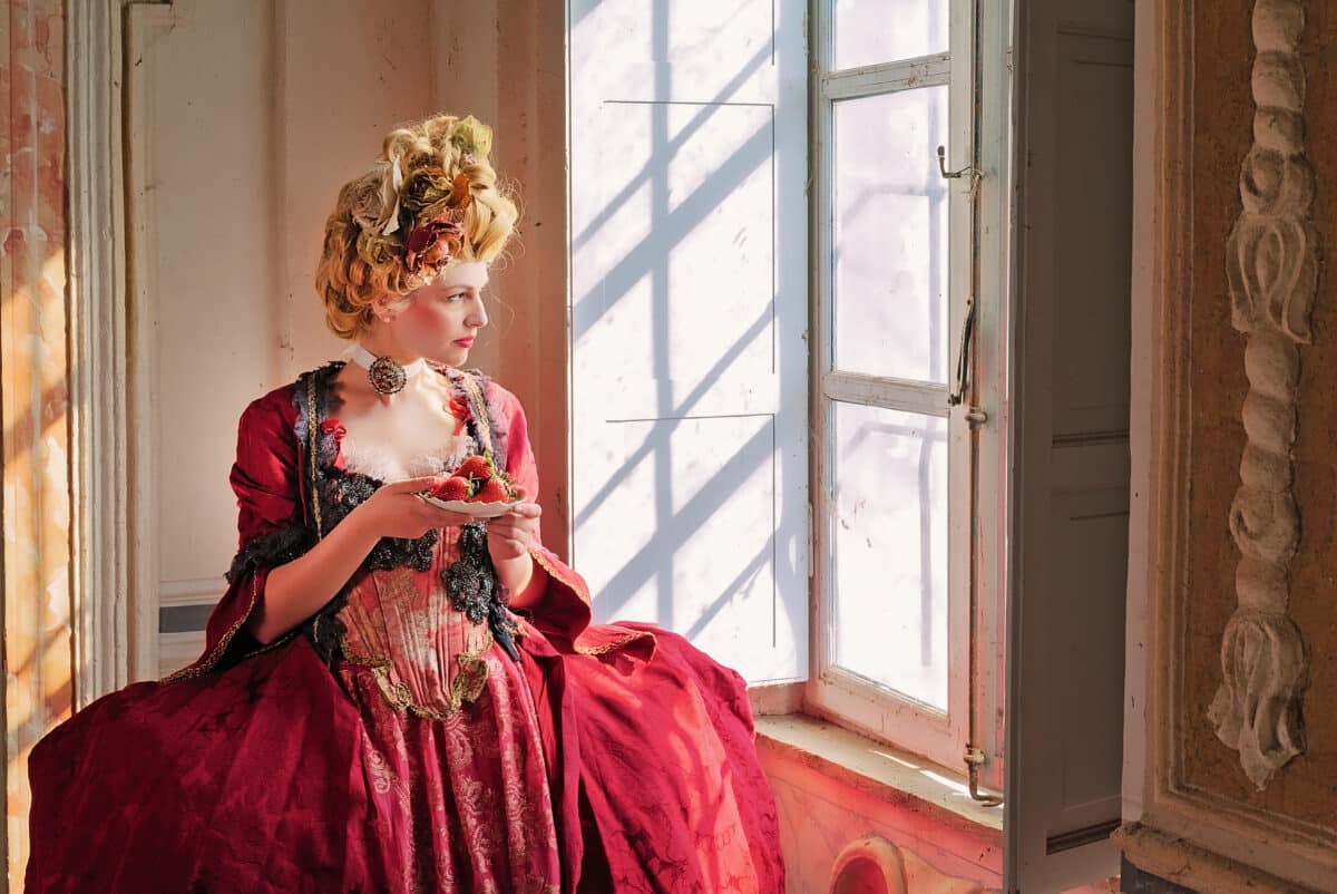 a noble lady in red ball gown looking out the window