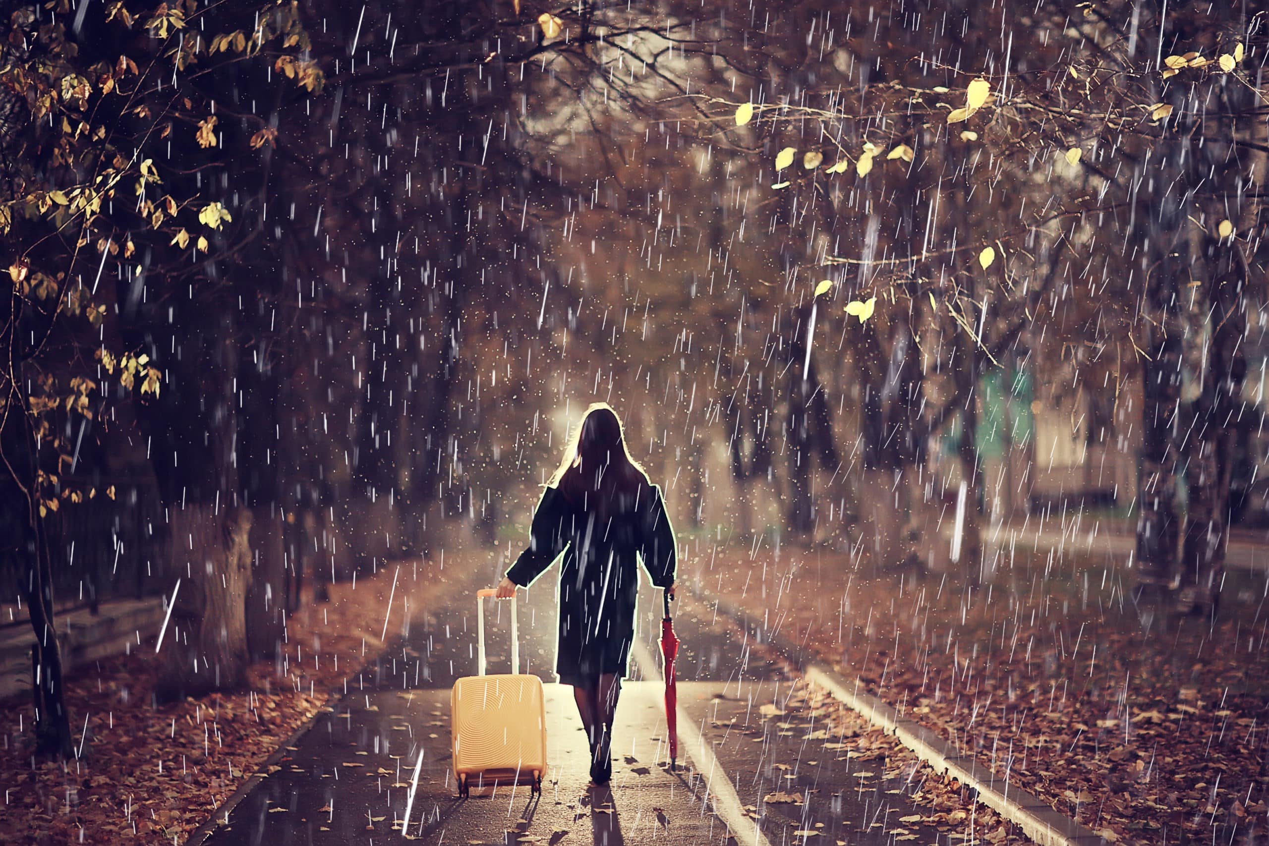 Woman is walking alone with an umbrella and a suitcase in the rain at night