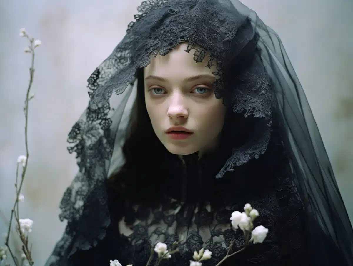 a beautiful gothic woman in a vintage black dress and veil