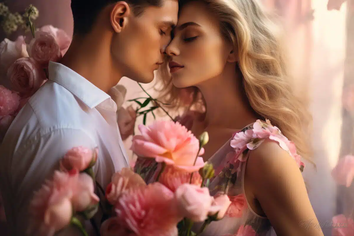 a sensual young couple among the pretty flowers