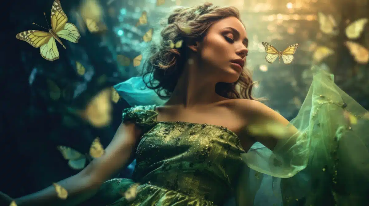 a stunning lady in a green dress lying down with eyes closed and butterflies surround her