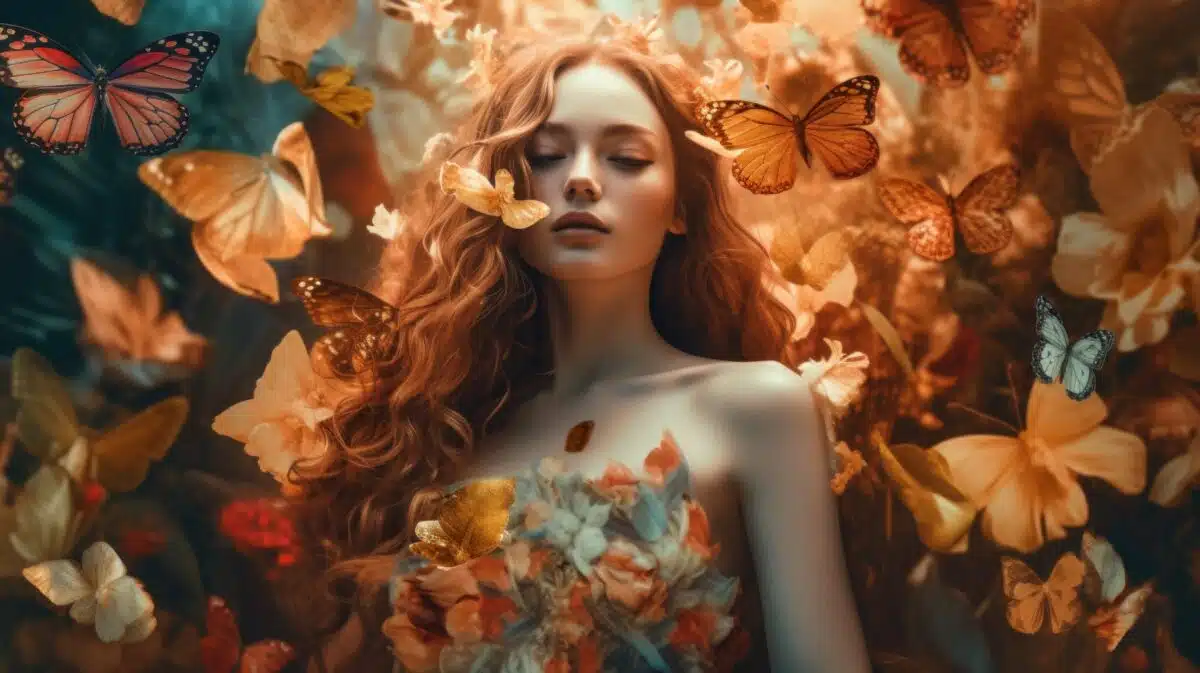 a woman with long red hair is surrounded by butterflies