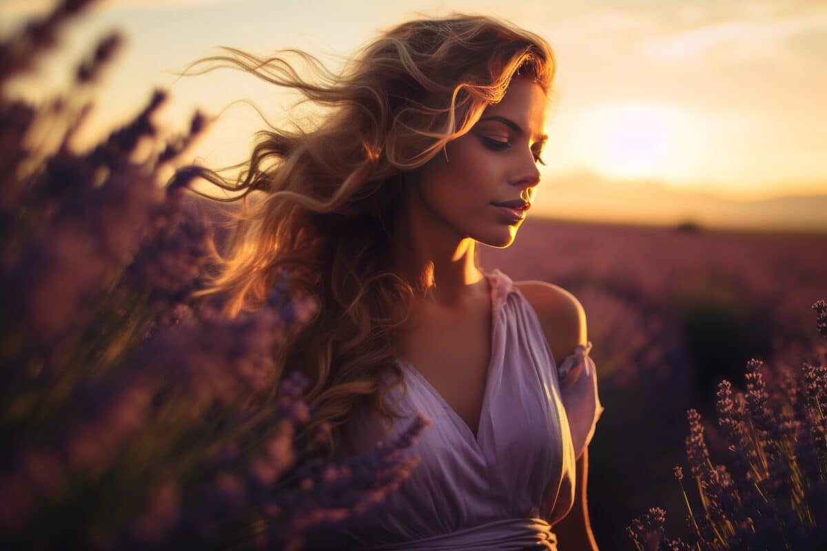 a sunset-lit a serene woman amid a vast lavender field, embodying tranquil solitude and vibrant beauty