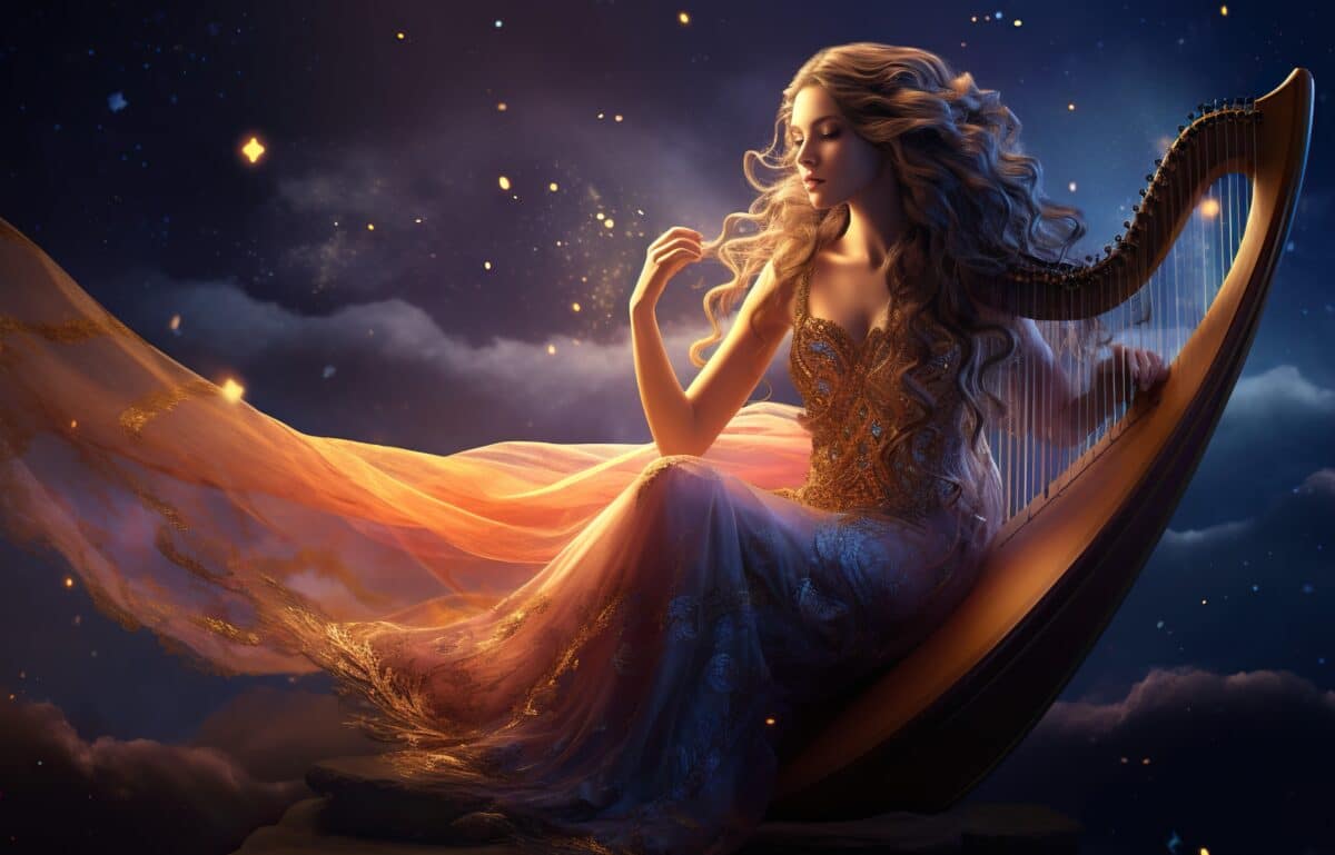 a goddess sitting in the night sky with her harp