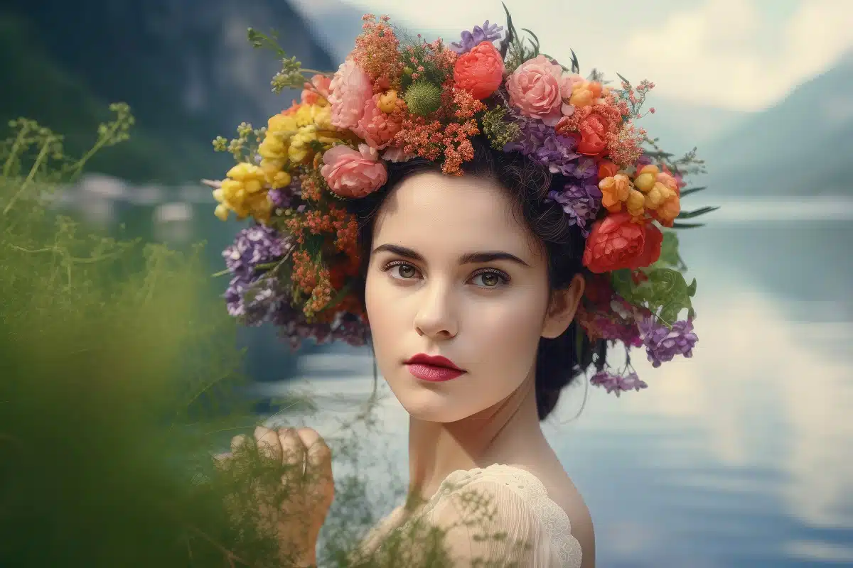 a stunning lady with colorful floral head wreath by the lake