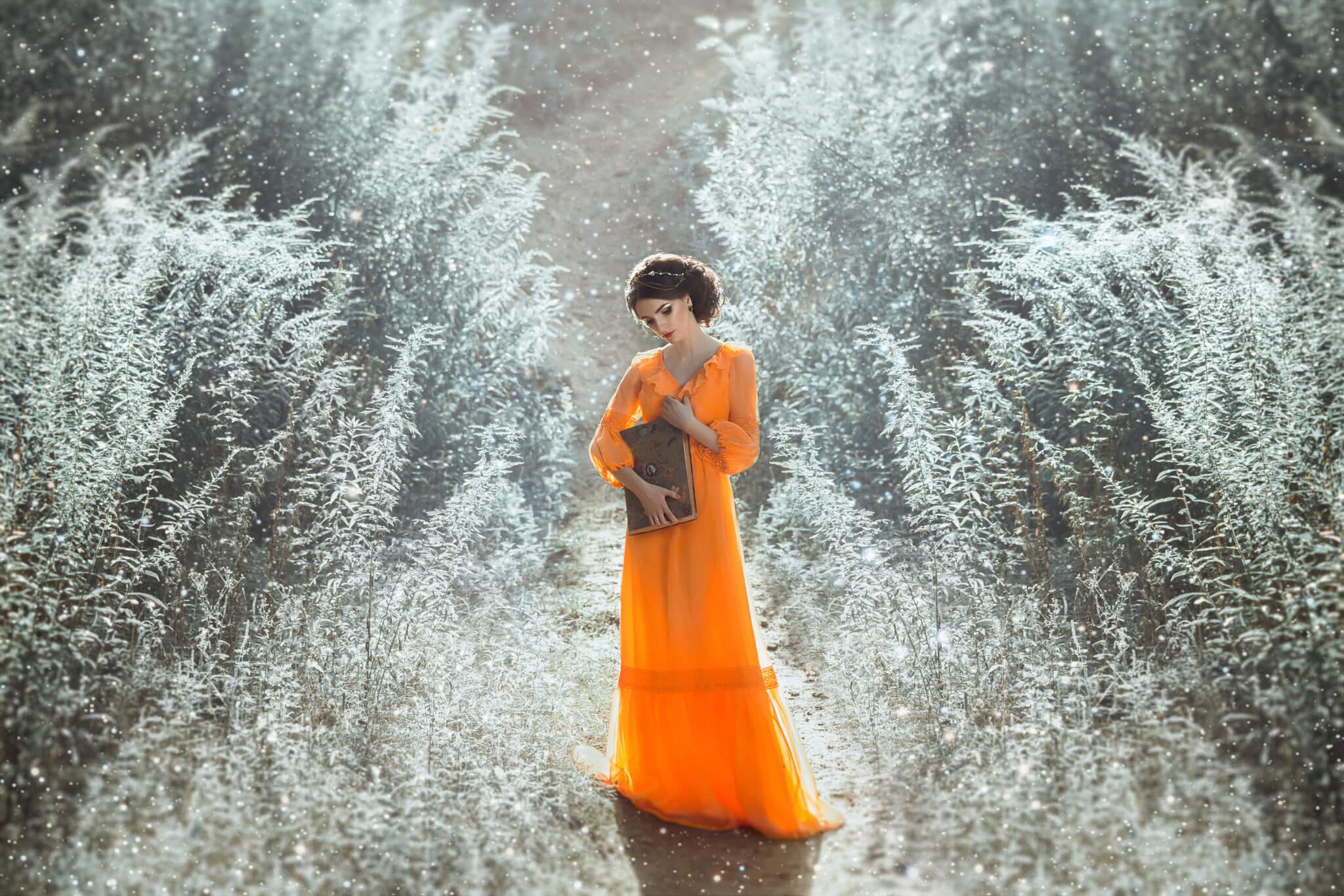 The beautiful countess in a long orange dress stands and reading a book
