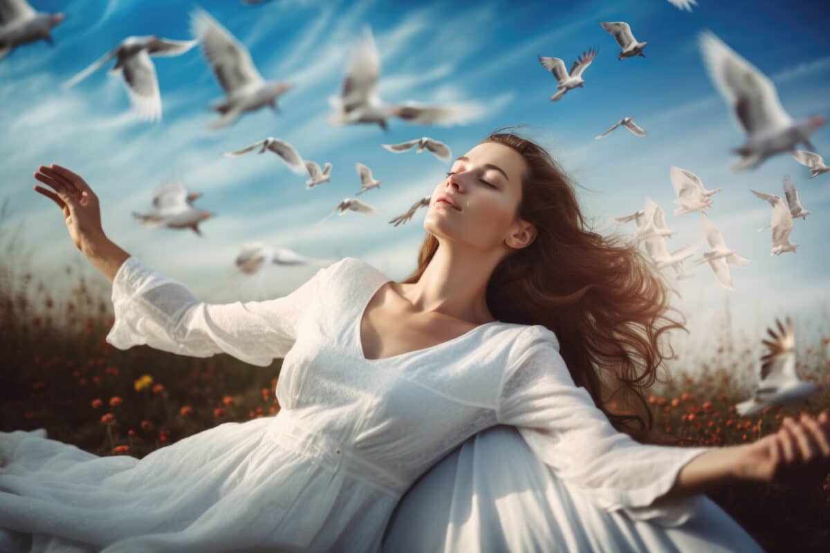 a beautiful young woman with long hair laying in the field, eyes closed and white birds hovering in the blue sky
